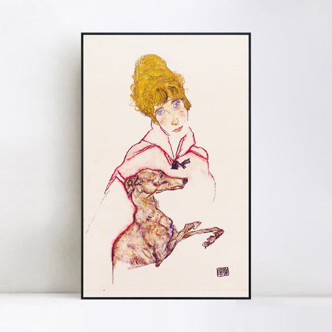 INVIN ART Framed Canvas Giclee Print Woman with Greyhound by Egon Schiele Wall Art Living Room Home Office Decorations