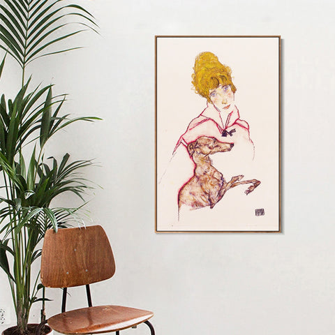INVIN ART Framed Canvas Giclee Print Woman with Greyhound by Egon Schiele Wall Art Living Room Home Office Decorations