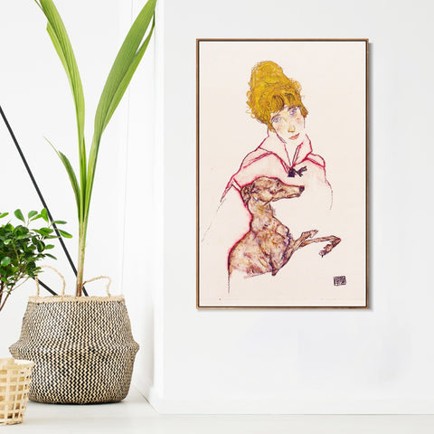 INVIN ART Framed Canvas Giclee Print Woman with Greyhound by Egon Schiele Wall Art Living Room Home Office Decorations