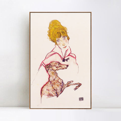 INVIN ART Framed Canvas Giclee Print Woman with Greyhound by Egon Schiele Wall Art Living Room Home Office Decorations