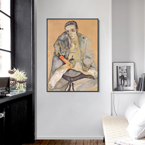 INVIN ART Framed Canvas Giclee Print the seated man by Egon Schiele Wall Art Living Room Home Office Decorations