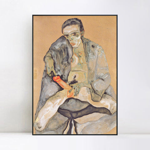 INVIN ART Framed Canvas Giclee Print the seated man by Egon Schiele Wall Art Living Room Home Office Decorations