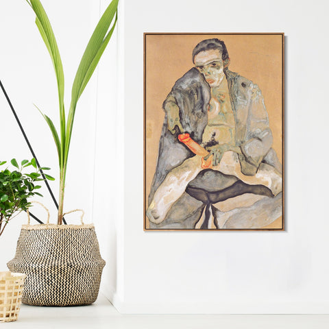 INVIN ART Framed Canvas Giclee Print the seated man by Egon Schiele Wall Art Living Room Home Office Decorations
