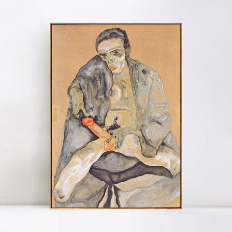 INVIN ART Framed Canvas Giclee Print the seated man by Egon Schiele Wall Art Living Room Home Office Decorations