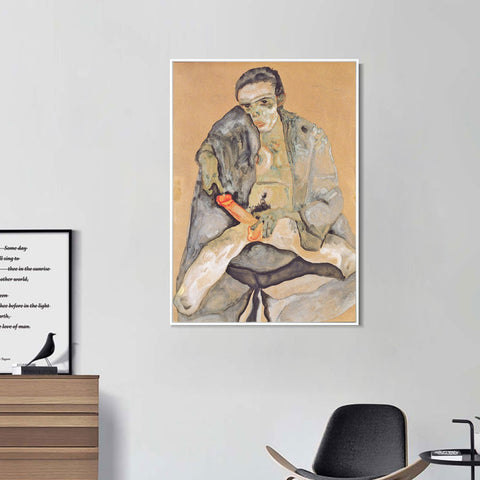 INVIN ART Framed Canvas Giclee Print the seated man by Egon Schiele Wall Art Living Room Home Office Decorations