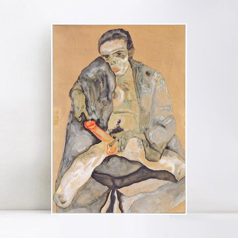 INVIN ART Framed Canvas Giclee Print the seated man by Egon Schiele Wall Art Living Room Home Office Decorations