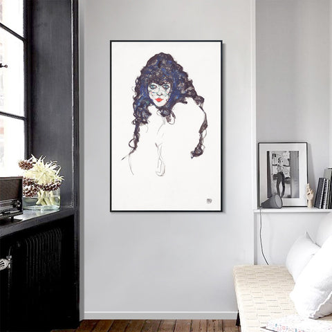 INVIN ART Framed Canvas Giclee Print Woman with Long Hair,1914 by Egon Schiele Wall Art Living Room Home Office Decorations