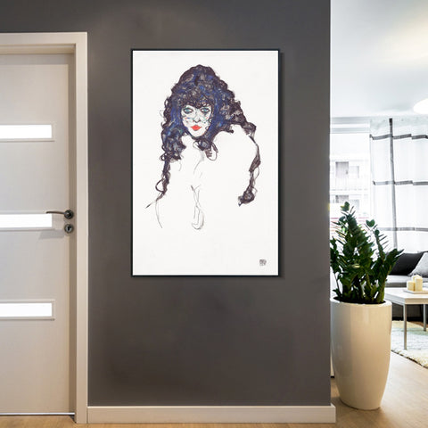 INVIN ART Framed Canvas Giclee Print Woman with Long Hair,1914 by Egon Schiele Wall Art Living Room Home Office Decorations