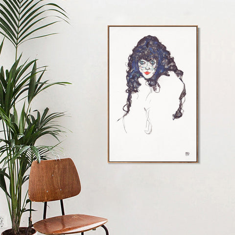 INVIN ART Framed Canvas Giclee Print Woman with Long Hair,1914 by Egon Schiele Wall Art Living Room Home Office Decorations