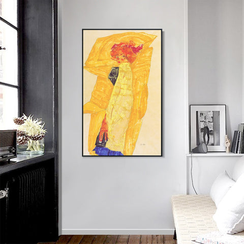INVIN ART Framed Canvas Giclee Print Woman in Yellow by Egon Schiele Wall Art Living Room Home Office Decorations