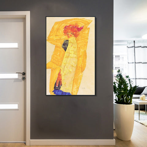 INVIN ART Framed Canvas Giclee Print Woman in Yellow by Egon Schiele Wall Art Living Room Home Office Decorations