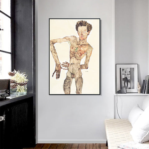 INVIN ART Framed Canvas Giclee Print Nude Man by Egon Schiele Wall Art Living Room Home Office Decorations
