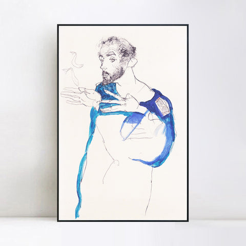INVIN ART Framed Canvas Giclee Print The man and fish by Egon Schiele Wall Art Living Room Home Office Decorations