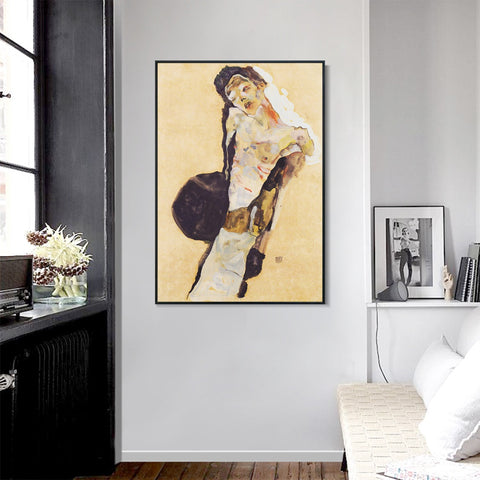 INVIN ART Framed Canvas Giclee Print Man#100 by Egon Schiele Wall Art Living Room Home Office Decorations