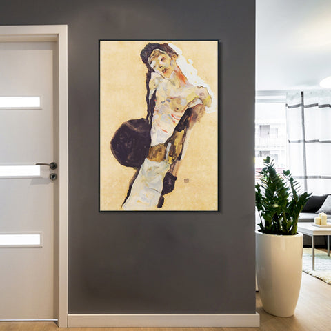 INVIN ART Framed Canvas Giclee Print Man#100 by Egon Schiele Wall Art Living Room Home Office Decorations