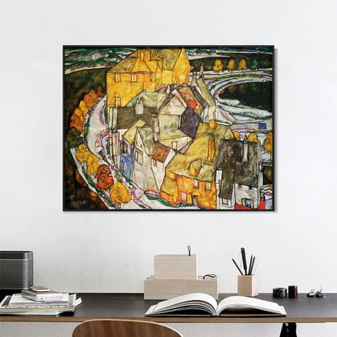 INVIN ART Framed Canvas Giclee Print the house bend or island city by Egon Schiele Wall Art Living Room Home Office Decorations