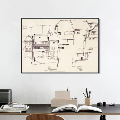 INVIN ART Framed Canvas Giclee Print The old house#105 by Egon Schiele Wall Art Living Room Home Office Decorations