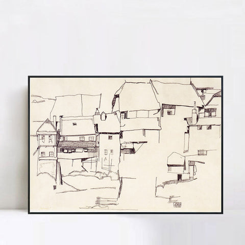 INVIN ART Framed Canvas Giclee Print The old house#105 by Egon Schiele Wall Art Living Room Home Office Decorations