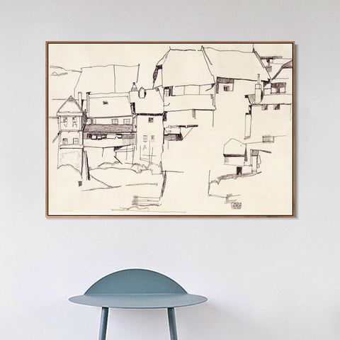 INVIN ART Framed Canvas Giclee Print The old house#105 by Egon Schiele Wall Art Living Room Home Office Decorations