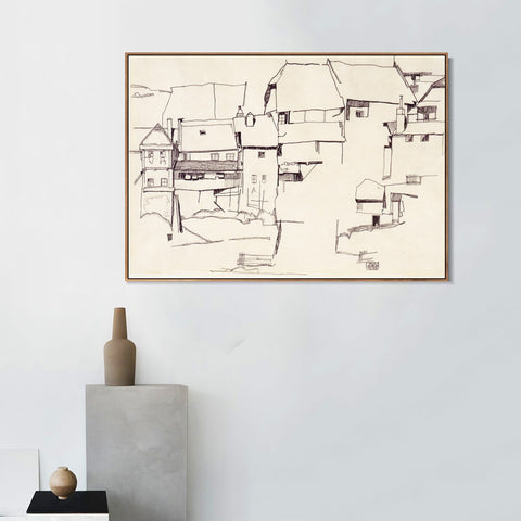 INVIN ART Framed Canvas Giclee Print The old house#105 by Egon Schiele Wall Art Living Room Home Office Decorations