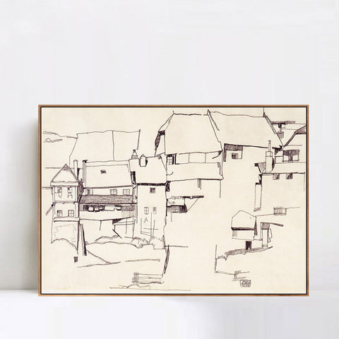 INVIN ART Framed Canvas Giclee Print The old house#105 by Egon Schiele Wall Art Living Room Home Office Decorations