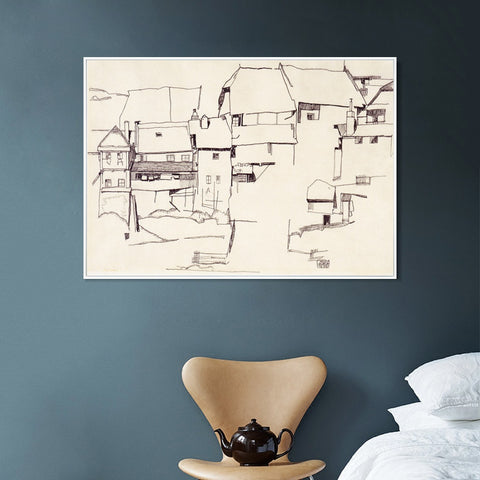 INVIN ART Framed Canvas Giclee Print The old house#105 by Egon Schiele Wall Art Living Room Home Office Decorations