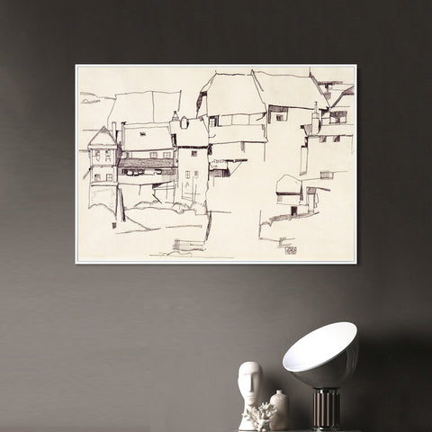 INVIN ART Framed Canvas Giclee Print The old house#105 by Egon Schiele Wall Art Living Room Home Office Decorations