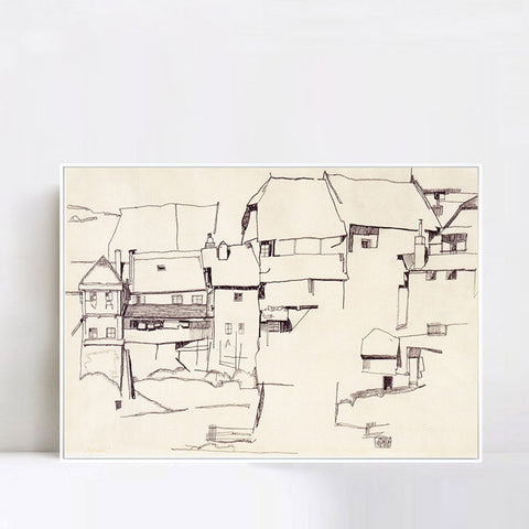 INVIN ART Framed Canvas Giclee Print The old house#105 by Egon Schiele Wall Art Living Room Home Office Decorations