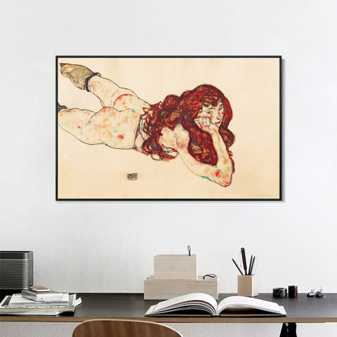 INVIN ART Framed Canvas Giclee Print Austria Vienna Female Nude Lying On Her Stomach by Egon Schiele Wall Art Living Room Home Office Decorations