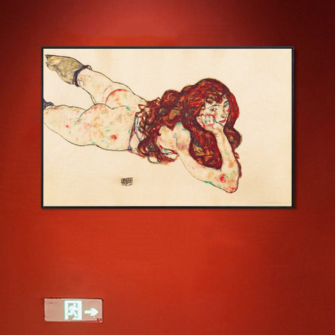 INVIN ART Framed Canvas Giclee Print Austria Vienna Female Nude Lying On Her Stomach by Egon Schiele Wall Art Living Room Home Office Decorations