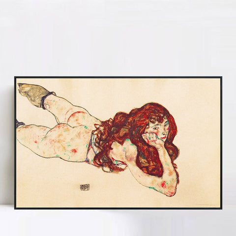 INVIN ART Framed Canvas Giclee Print Austria Vienna Female Nude Lying On Her Stomach by Egon Schiele Wall Art Living Room Home Office Decorations