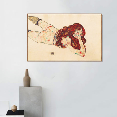 INVIN ART Framed Canvas Giclee Print Austria Vienna Female Nude Lying On Her Stomach by Egon Schiele Wall Art Living Room Home Office Decorations