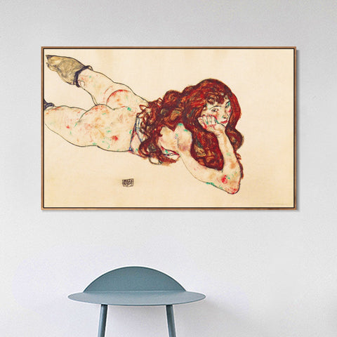 INVIN ART Framed Canvas Giclee Print Austria Vienna Female Nude Lying On Her Stomach by Egon Schiele Wall Art Living Room Home Office Decorations