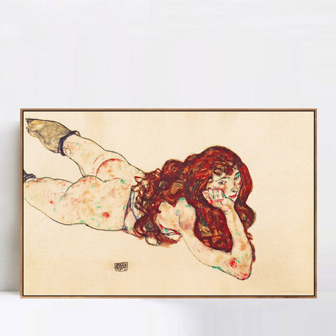 INVIN ART Framed Canvas Giclee Print Austria Vienna Female Nude Lying On Her Stomach by Egon Schiele Wall Art Living Room Home Office Decorations