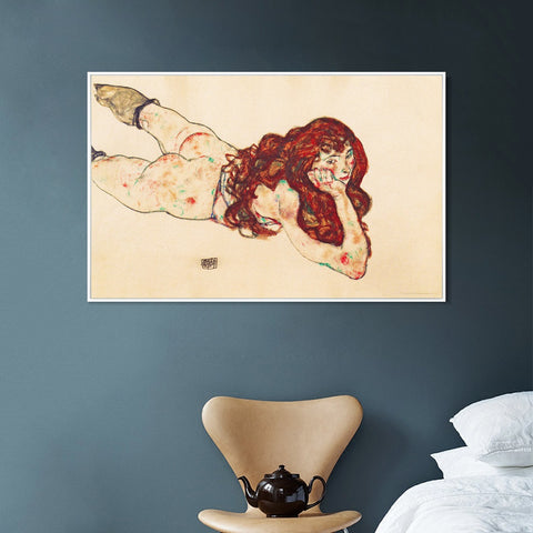INVIN ART Framed Canvas Giclee Print Austria Vienna Female Nude Lying On Her Stomach by Egon Schiele Wall Art Living Room Home Office Decorations