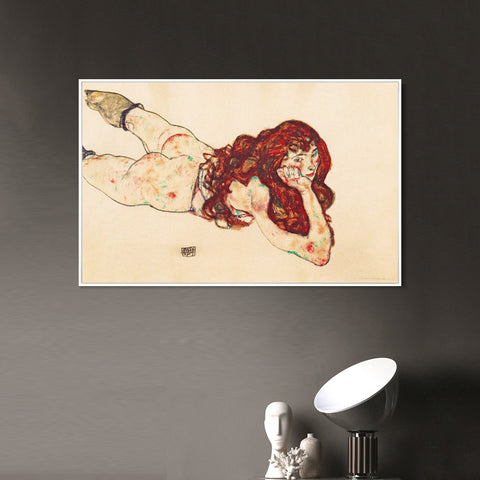 INVIN ART Framed Canvas Giclee Print Austria Vienna Female Nude Lying On Her Stomach by Egon Schiele Wall Art Living Room Home Office Decorations
