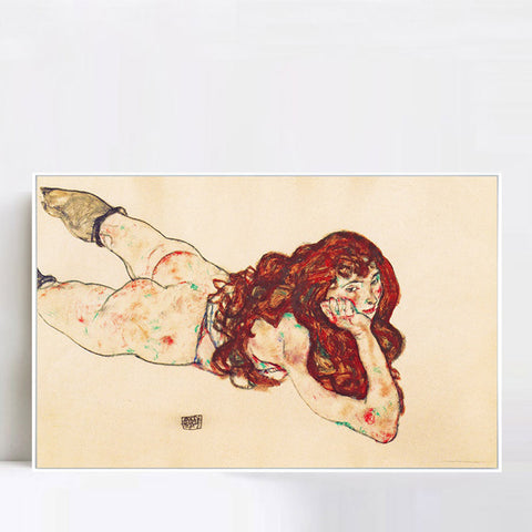 INVIN ART Framed Canvas Giclee Print Austria Vienna Female Nude Lying On Her Stomach by Egon Schiele Wall Art Living Room Home Office Decorations