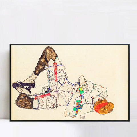 INVIN ART Framed Canvas Giclee Print woman laying on her back 1914 by Egon Schiele Wall Art Living Room Home Office Decorations