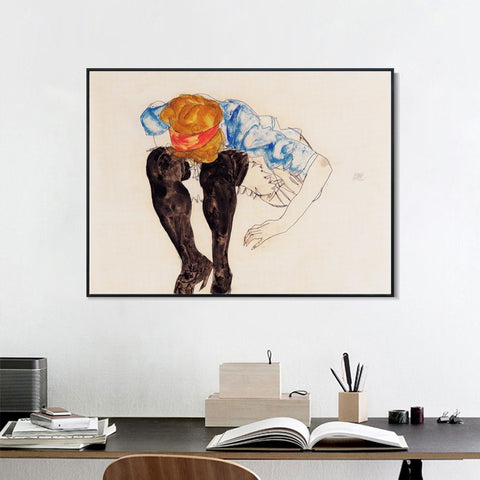 INVIN ART Framed Canvas Giclee Print The seated woman#110 by Egon Schiele Wall Art Living Room Home Office Decorations