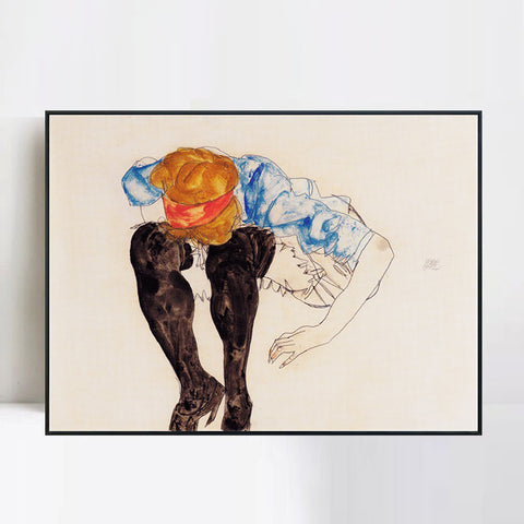 INVIN ART Framed Canvas Giclee Print The seated woman#110 by Egon Schiele Wall Art Living Room Home Office Decorations