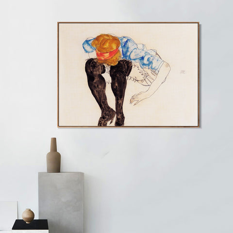 INVIN ART Framed Canvas Giclee Print The seated woman#110 by Egon Schiele Wall Art Living Room Home Office Decorations