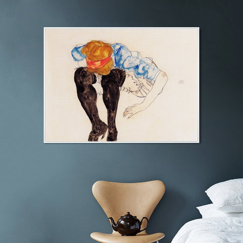 INVIN ART Framed Canvas Giclee Print The seated woman#110 by Egon Schiele Wall Art Living Room Home Office Decorations