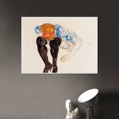 INVIN ART Framed Canvas Giclee Print The seated woman#110 by Egon Schiele Wall Art Living Room Home Office Decorations