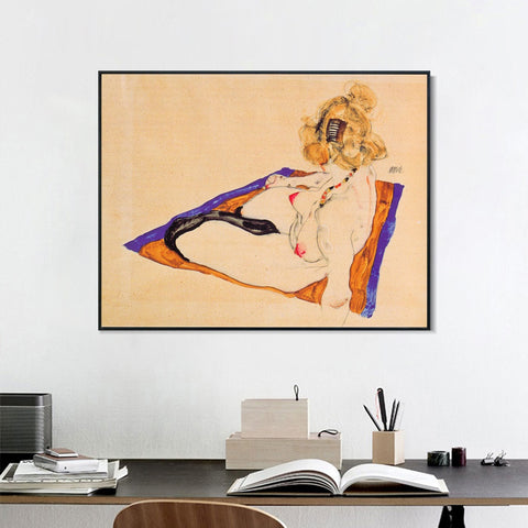 INVIN ART Framed Canvas Giclee Print The seated woman#111 by Egon Schiele Wall Art Living Room Home Office Decorations