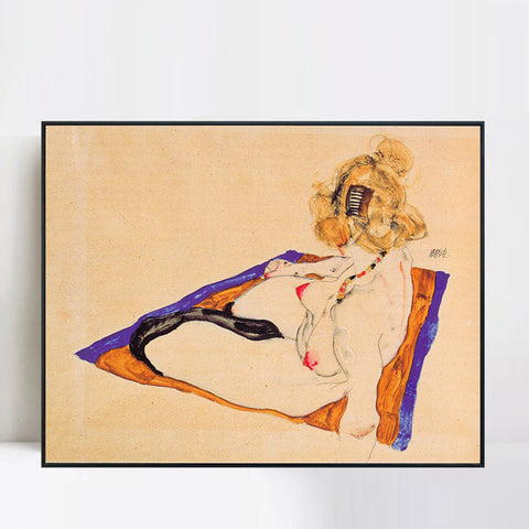 INVIN ART Framed Canvas Giclee Print The seated woman#111 by Egon Schiele Wall Art Living Room Home Office Decorations