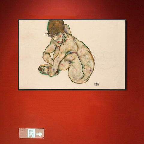 INVIN ART Framed Canvas Giclee Print Crouching Nude Girl by Egon Schiele Wall Art Living Room Home Office Decorations