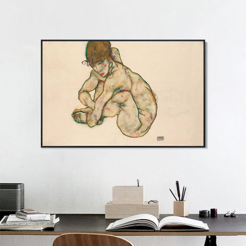 INVIN ART Framed Canvas Giclee Print Crouching Nude Girl by Egon Schiele Wall Art Living Room Home Office Decorations