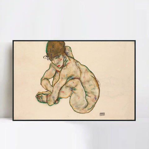 INVIN ART Framed Canvas Giclee Print Crouching Nude Girl by Egon Schiele Wall Art Living Room Home Office Decorations