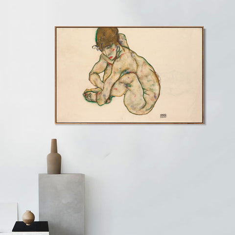 INVIN ART Framed Canvas Giclee Print Crouching Nude Girl by Egon Schiele Wall Art Living Room Home Office Decorations