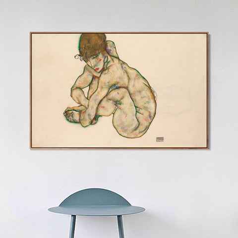 INVIN ART Framed Canvas Giclee Print Crouching Nude Girl by Egon Schiele Wall Art Living Room Home Office Decorations